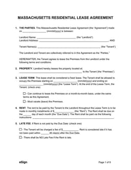 Massachusetts Residential Lease Agreement form preview