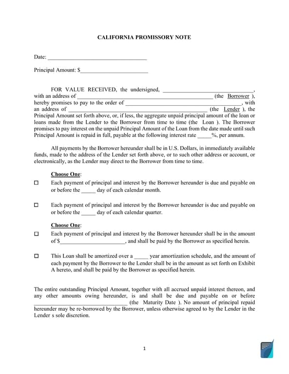California Promissory Note Legal Agreement