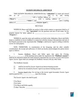 Escrow Holdback Addendum for Real Estate Sale Agreement form preview