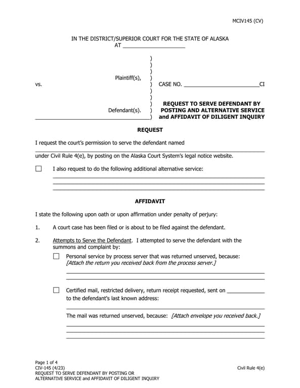 Alaska Court CIV-145 Affidavit of Service Request