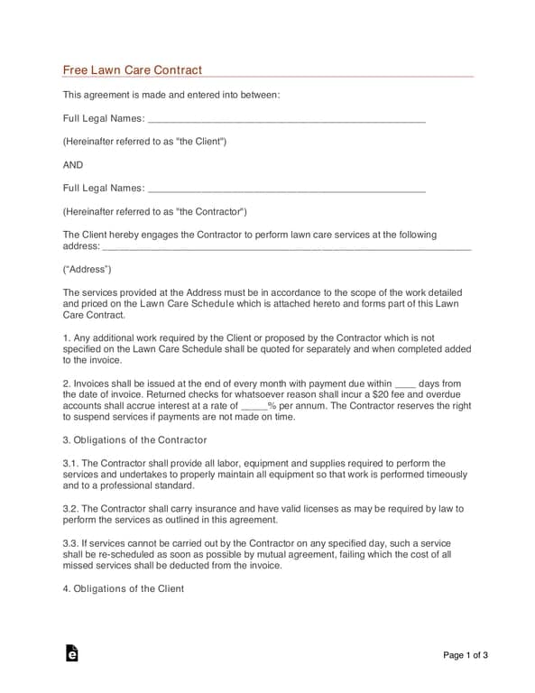 Lawn Care Contract Agreement for Scheduled Services and Additional Work Billings