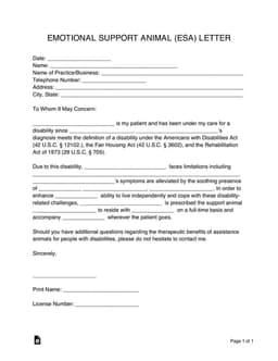 ESA Letter for Disability Certification and Animal Support form preview