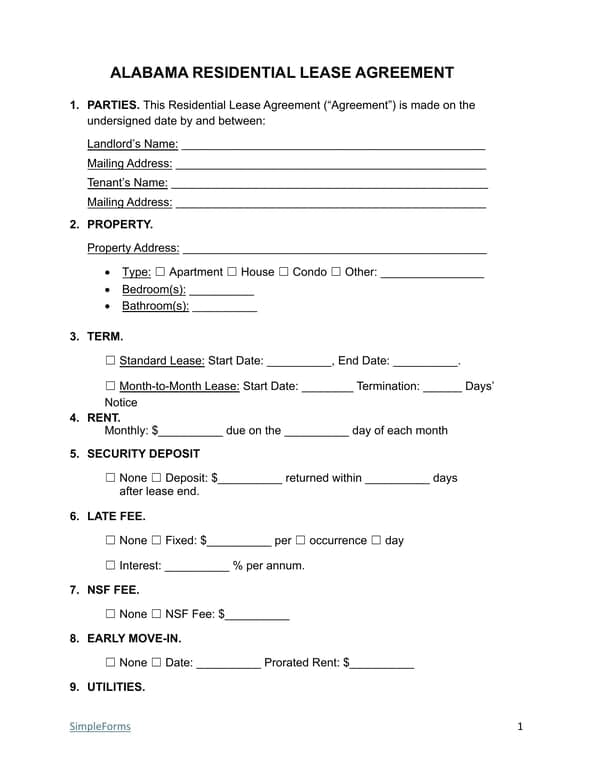 Alabama Residential Lease Agreement Details and Procedures