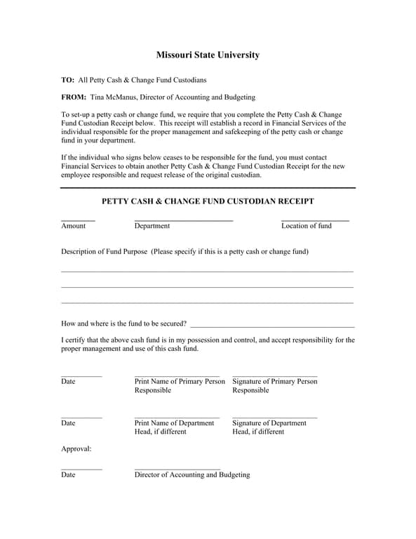 Missouri University Petty Cash Custodian Receipt Details