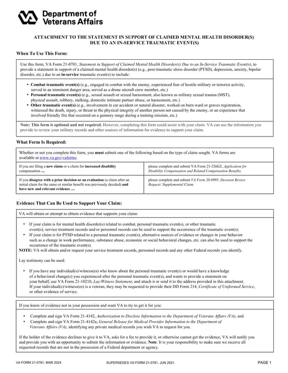 VA 21-10210 - Evidence Submission for VeteranMental Health Disorder Claims