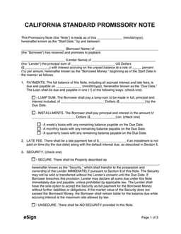 California Standard Promissory Note Defined Repayment Methods and Consequences form preview