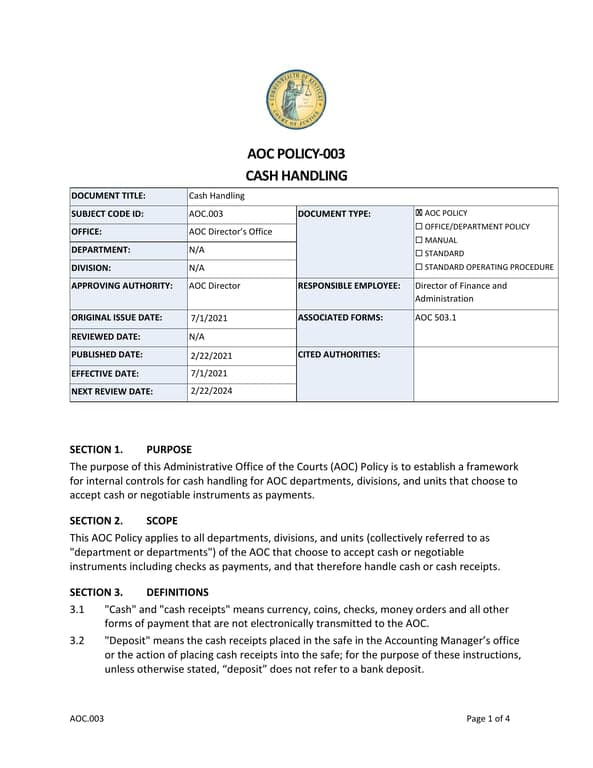 AOC Policy-003 Cash Handling