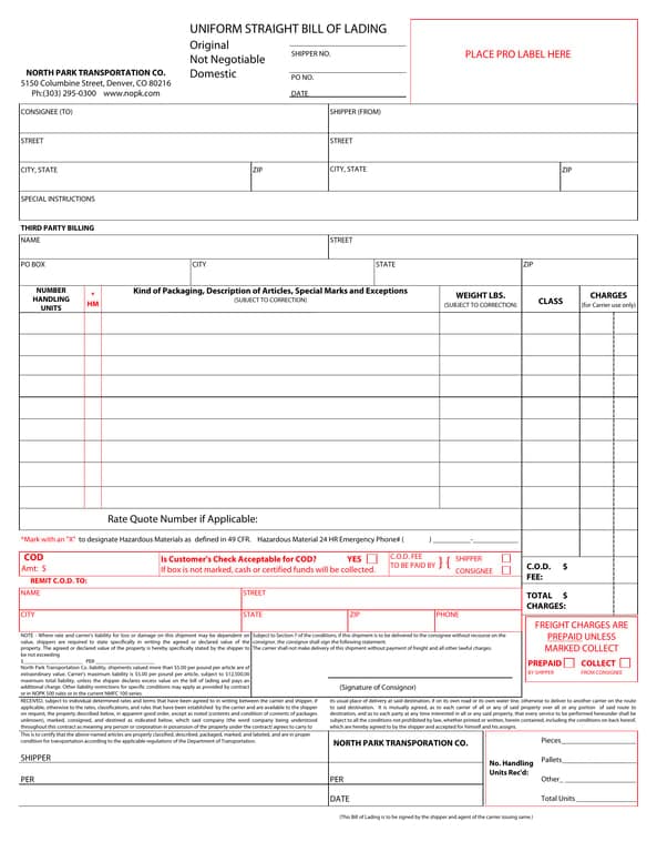 Colorado Uniform Straight Bill of Lading - NOPK 500 Rules & NMFC 100 Series Adjustments