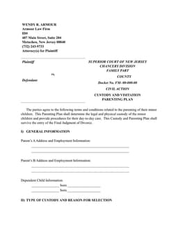Joint Custody and Parenting Plan Documentation form preview