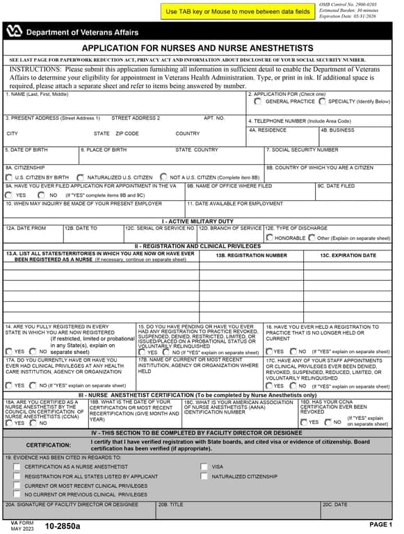 10-2850a – VA Application for Registration as Health Care Provider