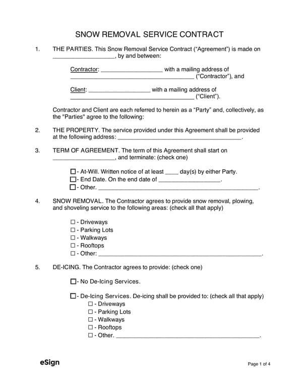 Snow Removal Service Contract Agreement