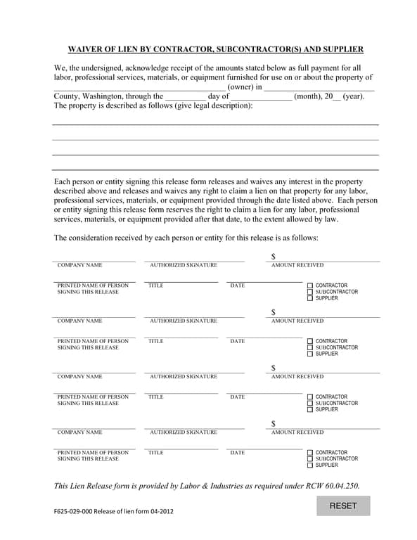 Washington F625-029-000 Contractor's Lien Release