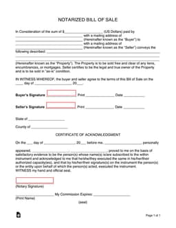 Notarized Bill of Sale Agreement for Property Transactions form preview