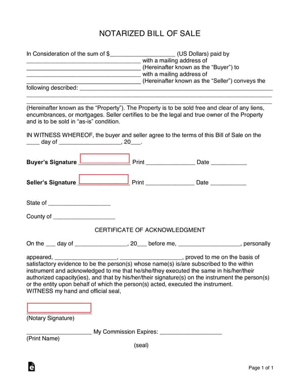 Notarized Bill of Sale Agreement for Property Transactions