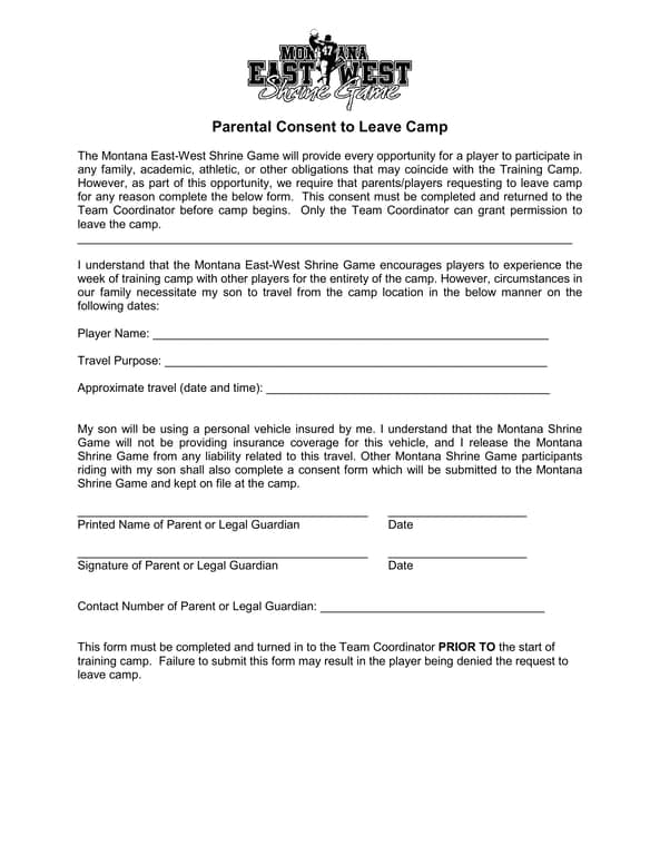 Montana Shrine Game Temporary Leave Request