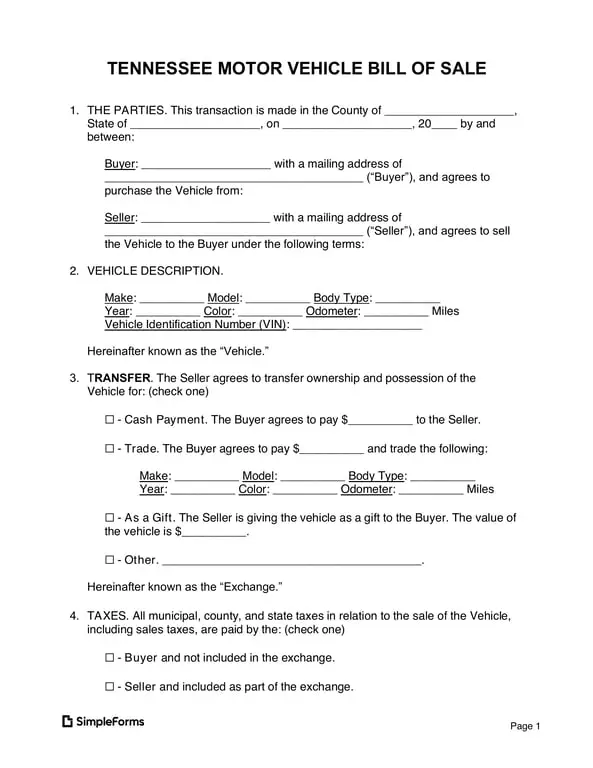 Tennessee Vehicle Sale Agreement Details