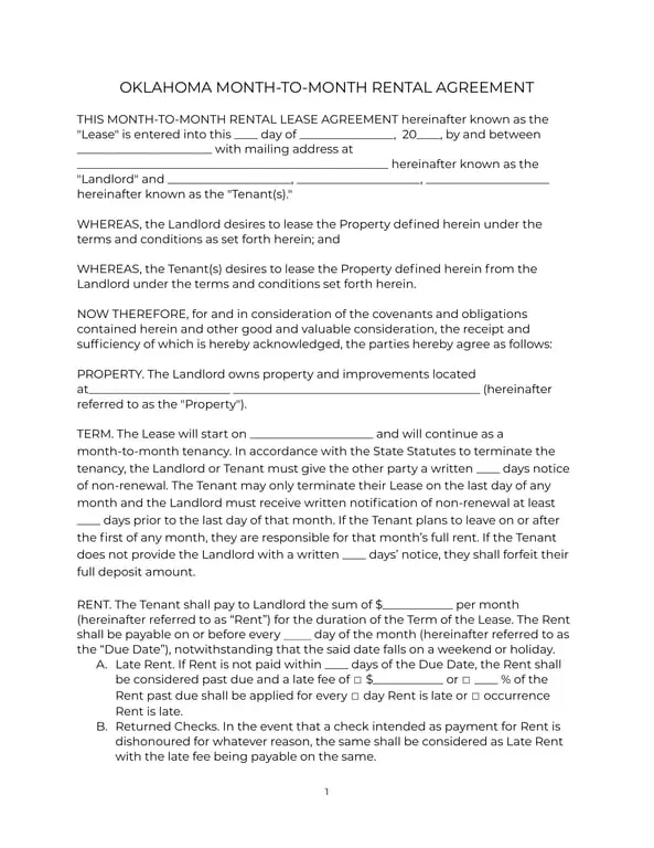 Oklahoma Monthly Rental Agreement Overview