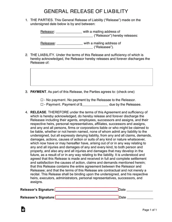 General Release of Liability Document - Waive Future Claims Agreement