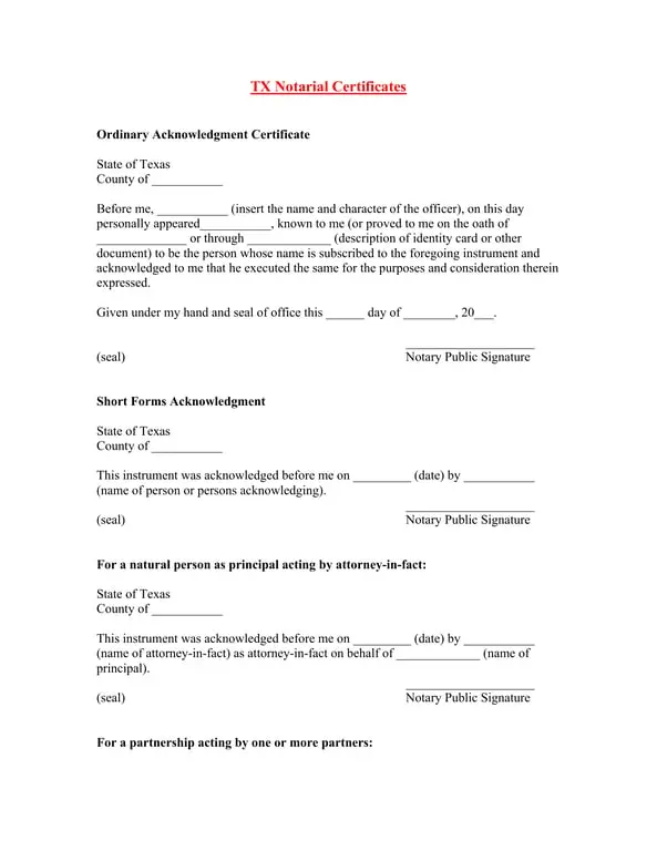 Texas Notarial Certificates - Ordinary and Short Form Acknowledgments