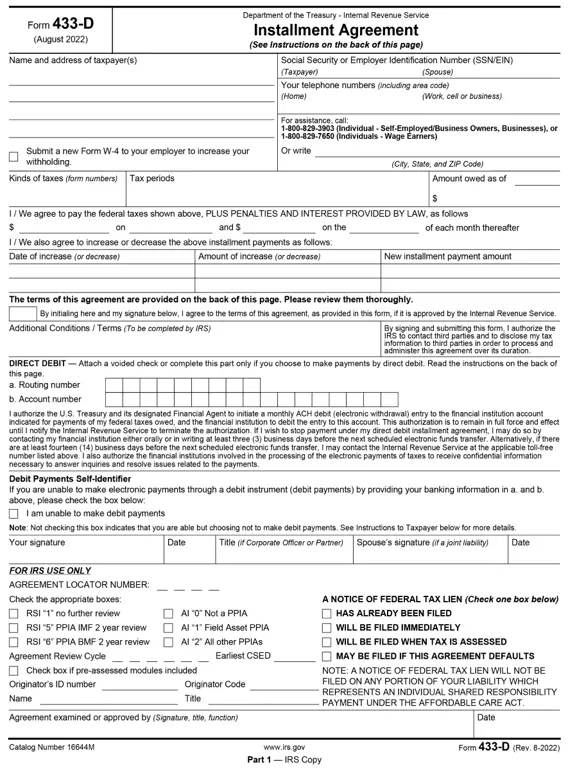 433-D – Installment Agreement for Tax Payment