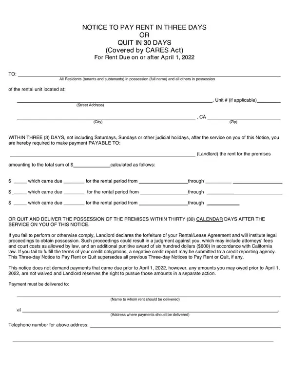 California Pay Rent or Quit Notice - CARES Act Aligned Rental Payment Requirement Notice for April 2022