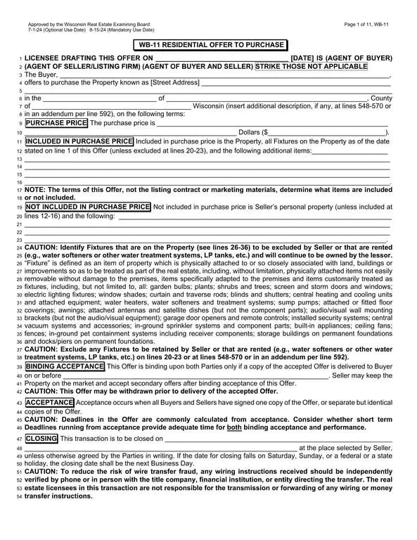 Wisconsin WB-11 Residential Offer to Purchase Overview