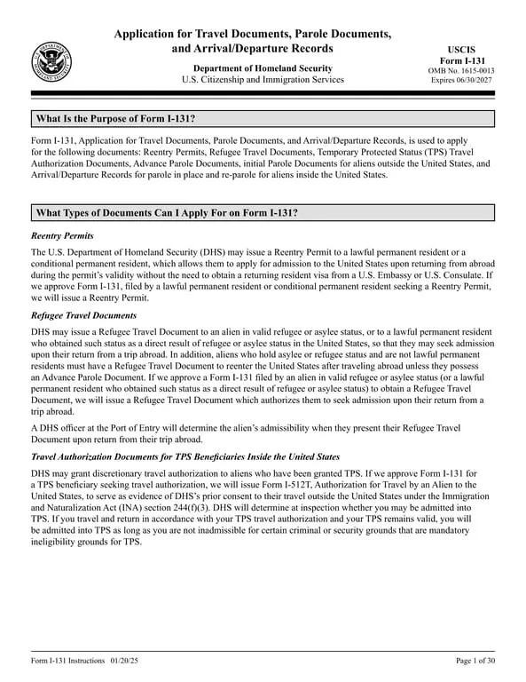 USCIS I-131 Application for Travel and Arrival/Departure Documents