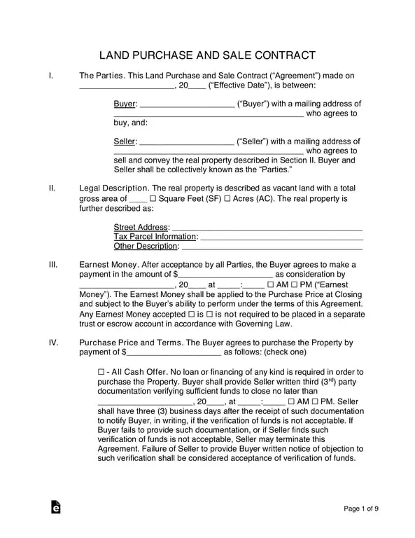 Land Purchase and Sale Contract for Vacant Property