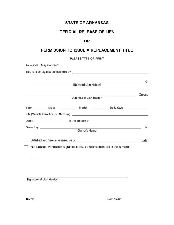 Arkansas Lien Release and Replacement Title Authorization
