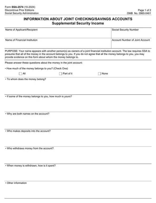 SSA-2574: Clarifying Ownership of Joint Account Funds for Supplemental Security Income