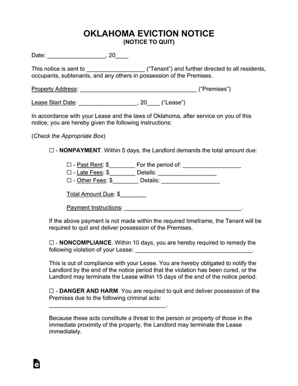 Oklahoma Notice to Quit for Potential Evictions and Fee Breakdown