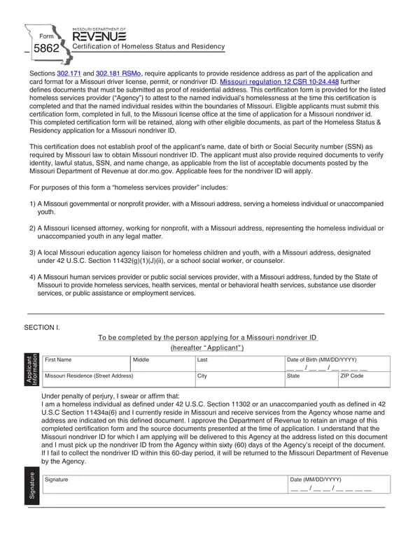 Missouri Homeless Status and Residency Verification for Nondriver ID - Sections 302.171 and 302.181 RSMo Certification