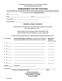 Hawaii University Cash Reimbursement Process for Project Expenses form preview