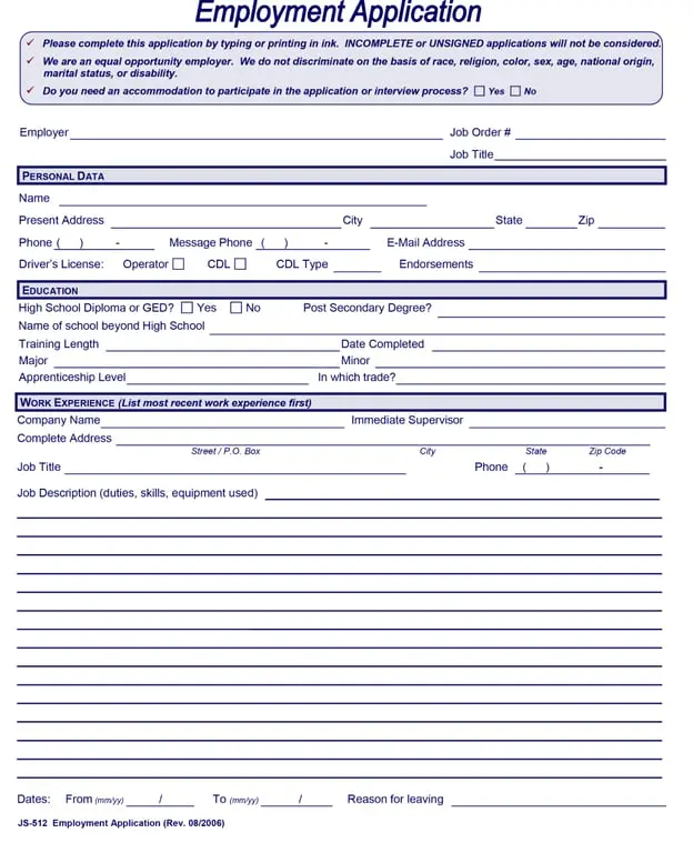 Job Application Form – Candidate Information & Application Submission