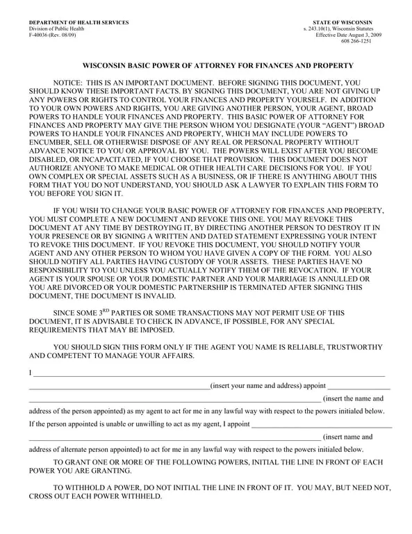 Wisconsin Basic Power of Attorney for Finances and Property - Department of Health Services