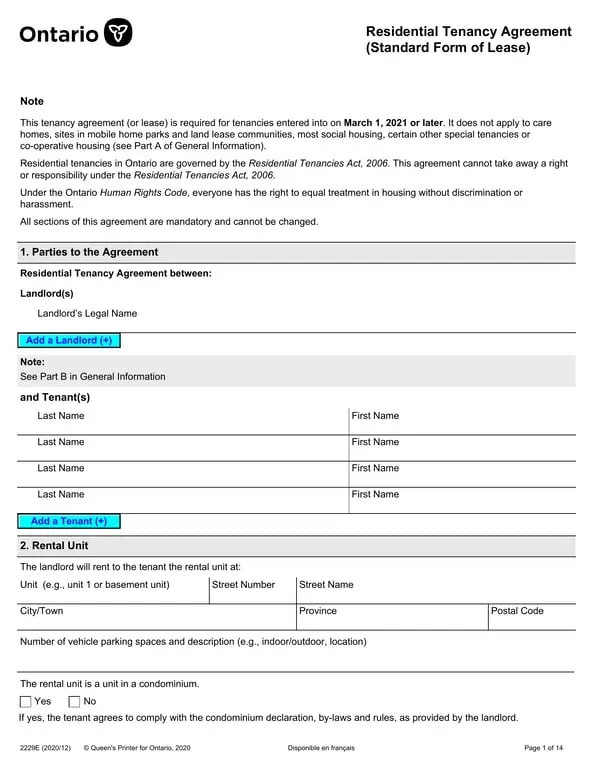 2229E Residential Tenancy Agreement Ontario - Essential for Post-March 2021 Tenancies