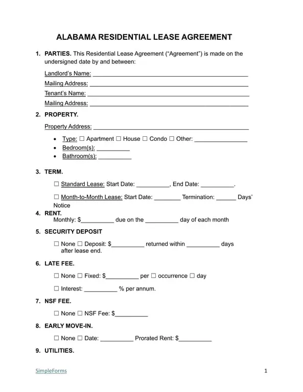 Alabama Residential Lease Agreement Details and Procedures