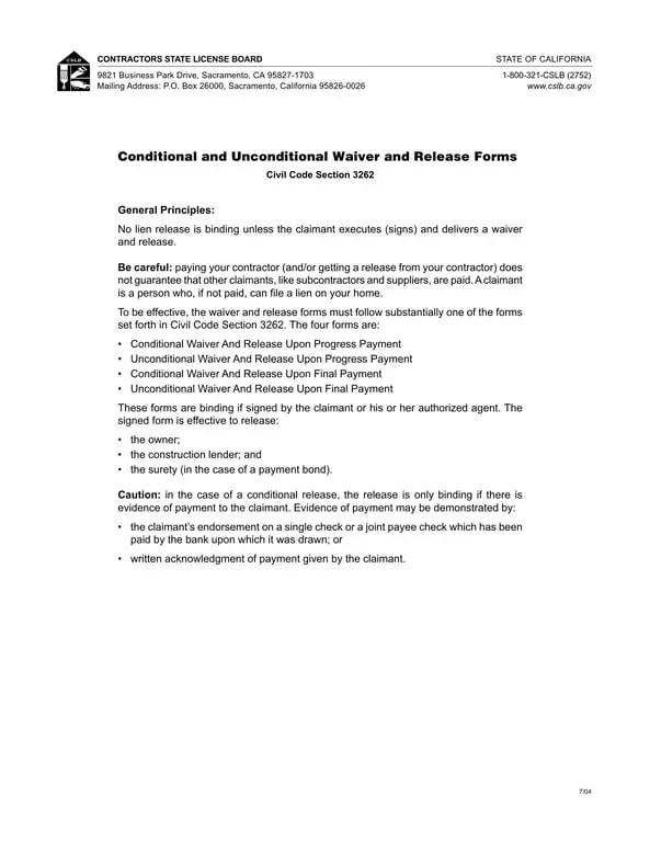 Unconditional Contractor Lien Release - California Civil Code 3262