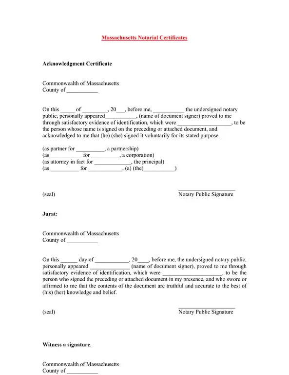 Massachusetts Notarial Certificates for Identity Verification and Voluntary Signing