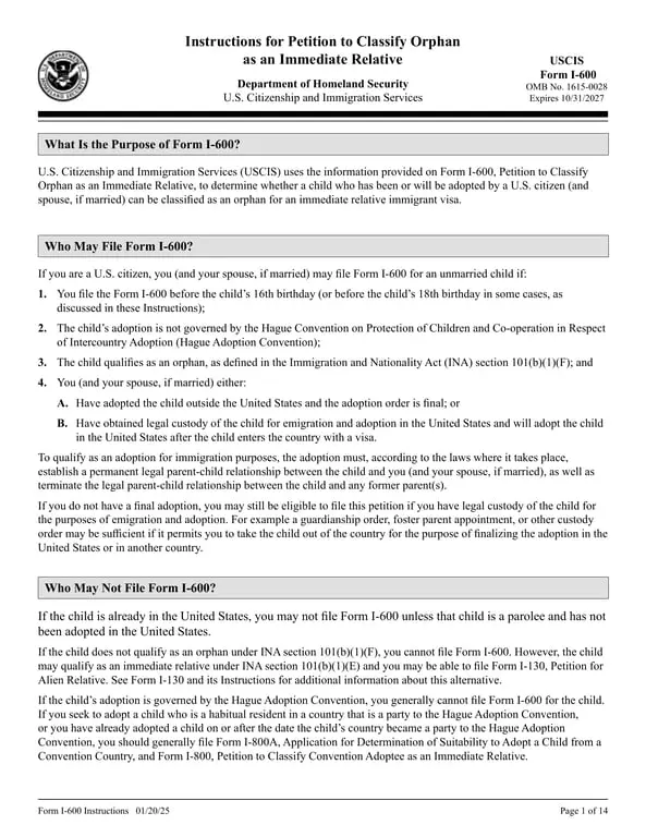 USCIS I-600 Petition to Classify Orphan as an Immediate Relative for Adoptive US Citizens