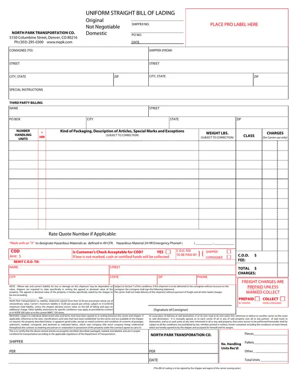 Colorado Uniform Straight Bill of Lading - NOPK 500 Rules & NMFC 100 Series Adjustments