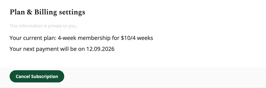 Plan & Billing settings with the ‘Cancel Subscription’ button