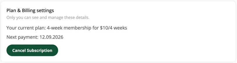 Plan & Billing settings with the ‘Cancel Subscription’ button